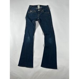 True Religion Joey Flare Jeans Dark Wash Painted Horseshoe Logo Size 26 Low Rise